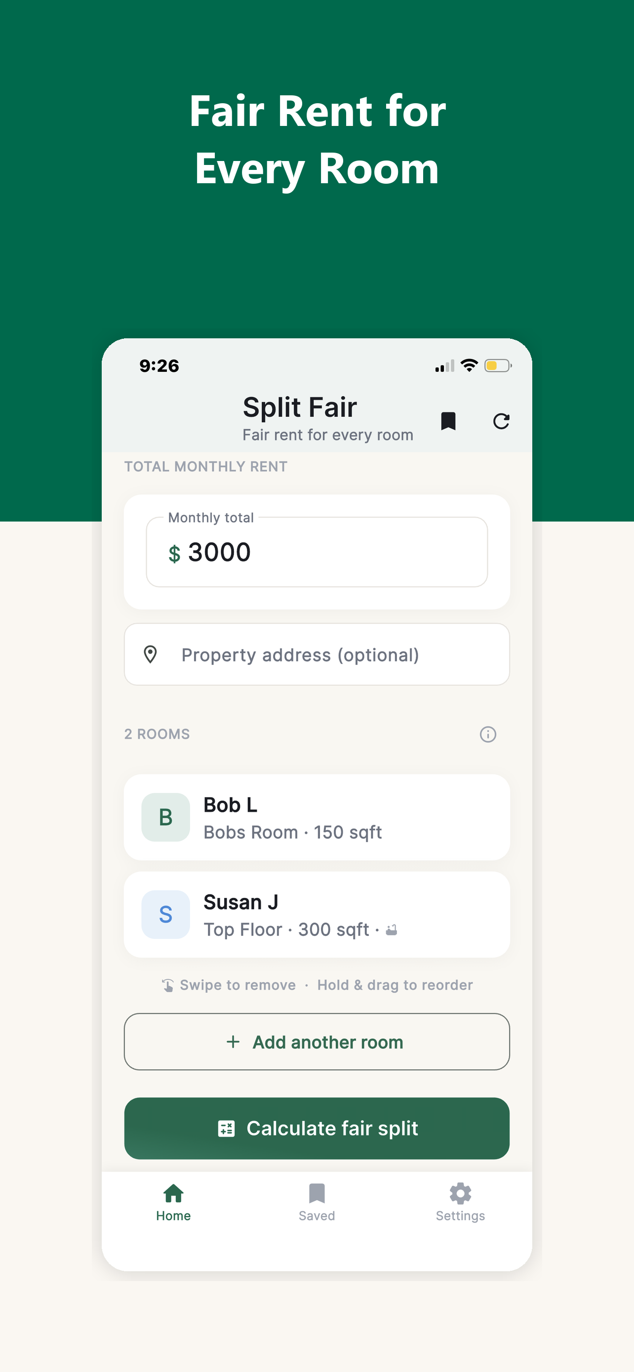Split Fair home — enter rent and rooms