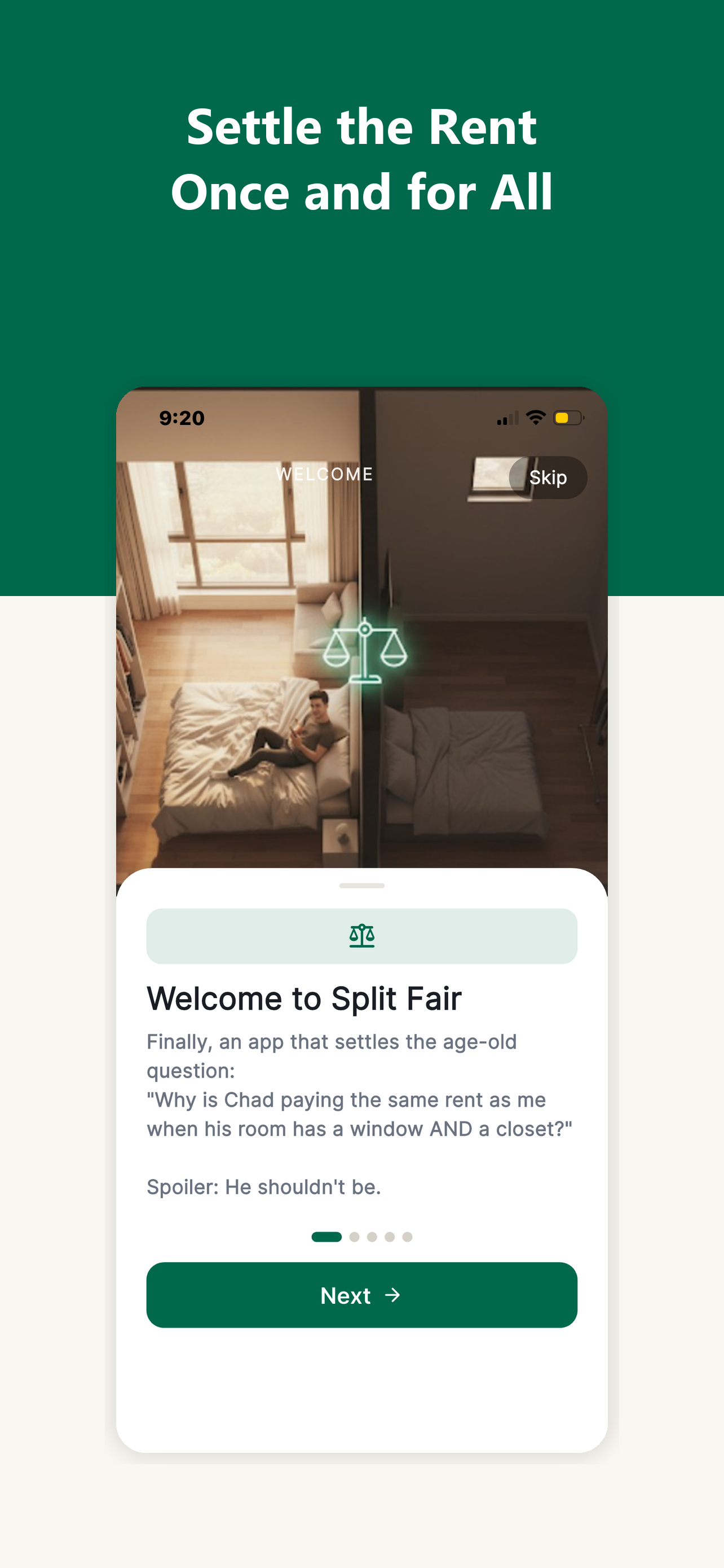 Split Fair welcome screen — settle the rent once and for all
